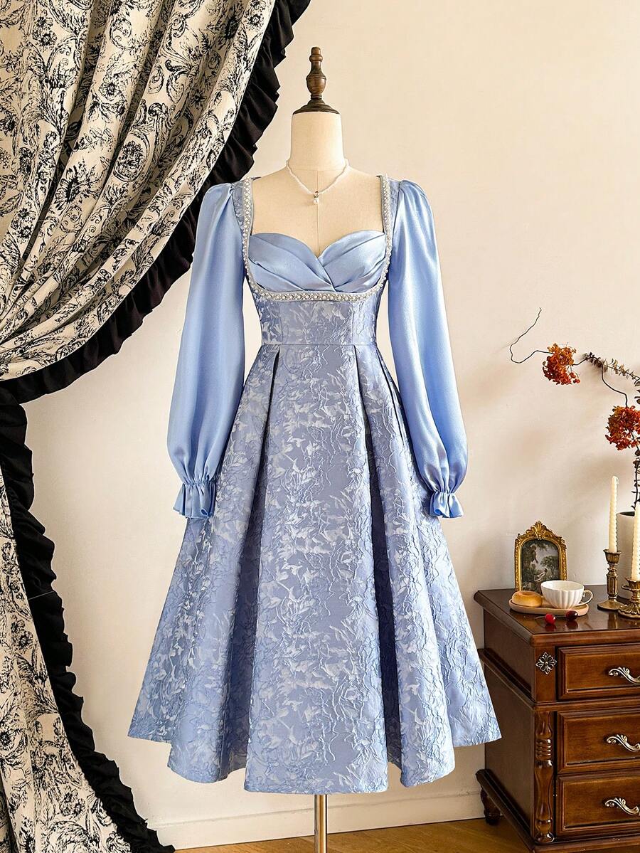 SHEIN DECDS 复古经典优雅女装秋冬装，水钻装饰修身拼接连衣裙，提花连衣裙，蓝色长袖连衣裙，派对喇叭裙 - 藍色 - 查看 1