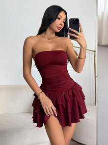 SHEIN PETITE 针织面料 A 字形无袖迷你连衣裙，酒红色抹胸连衣裙 - 酒紅色 - 查看 8