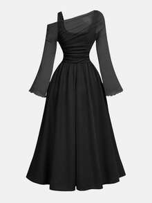 SHEIN Girlism Robe longue à manches trompette en maille élégante avec imprimé floral tricoté et épaules dénudées pour adolescentes. Robe de couleur unie, robe à ourlet solaire, sous-vêtement d'automne et d'hiver, robe de soirée, robe de bal de promo