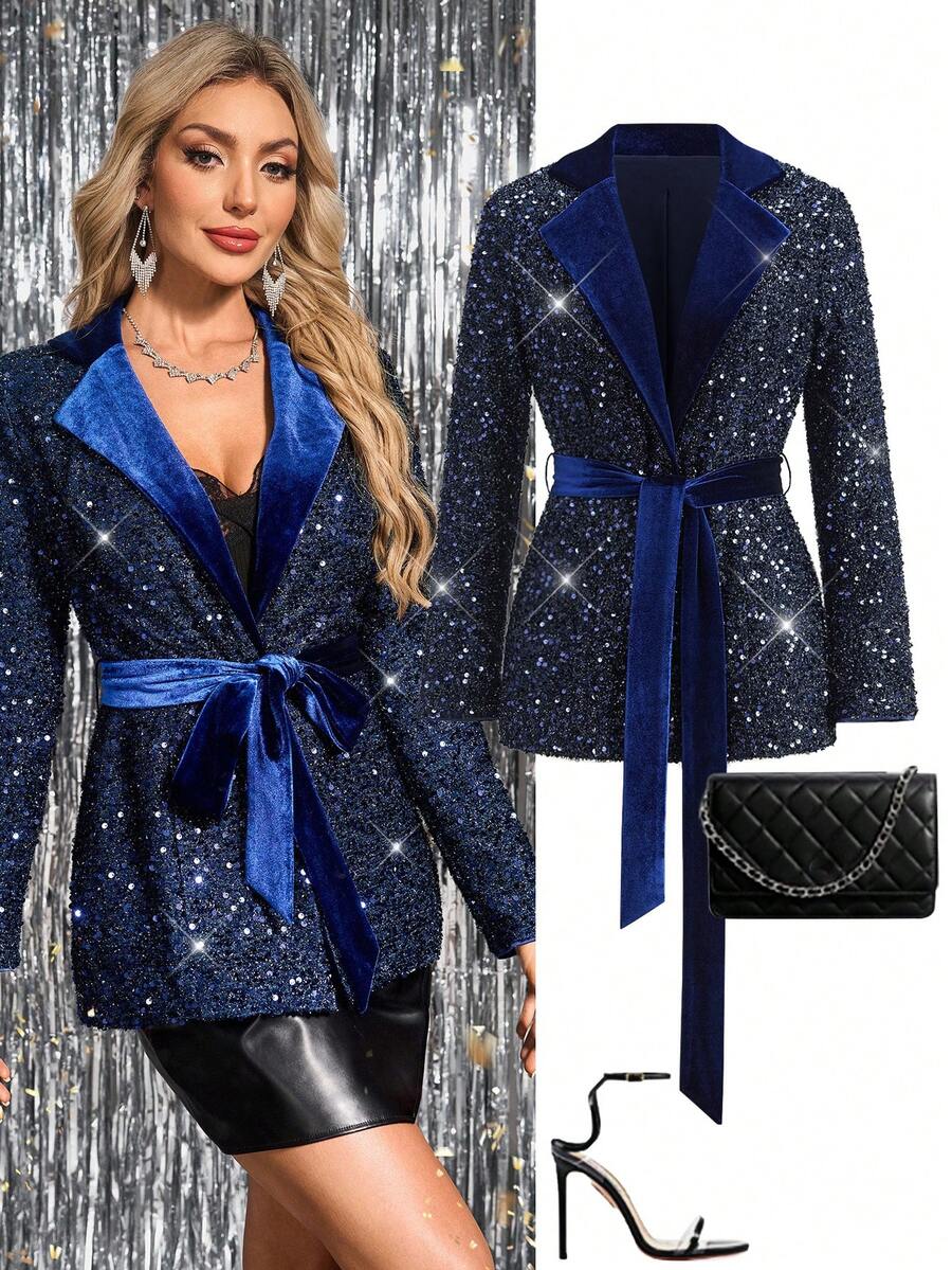 Gownix Women's Elegant Velvet Beaded Lapel Blazer, Suitable For Parties And Formal Events - Navy Blue - View 1