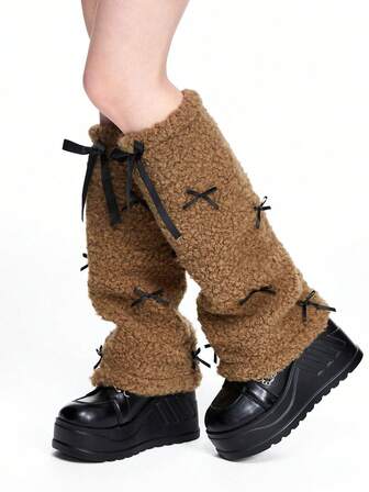 Fairycore 1 coppia di scaldamuscoli con fiocco carino, scaldamuscoli soffici in stile Y2K, scaldamuscoli spessi e caldi versatili per l'uso quotidiano