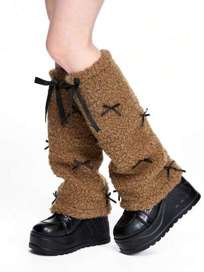 Fairycore 1 Paar süße Schleifen-Bein-Wärmer, Y2K Stil flauschige Bein-Wärmer, vielseitig einsetzbare dicke & warme Bein-Wärmer