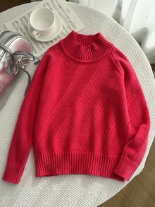 SHEIN 女童超大立领毛衣，红色百搭柔软面料，适合搭配各种衣服，秋冬必备，半立领长袖宽松版型，适合圣诞节、节假日和日常穿着 - 紅色 - 查看 6