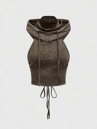 Grunge Punk Punk Apocalyptic Wasteland Music Festival Hooded Backless Drawstring Design Fitted Cropped Women Tank Top