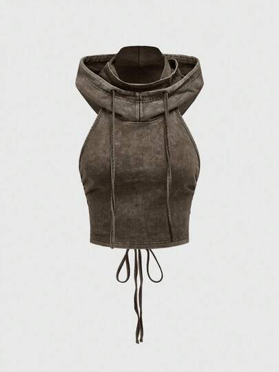 Grunge Punk Débardeur court ajusté pour femme avec capuche, dos nu et cordon de serrage, style punk apocalyptique pour festival de musique