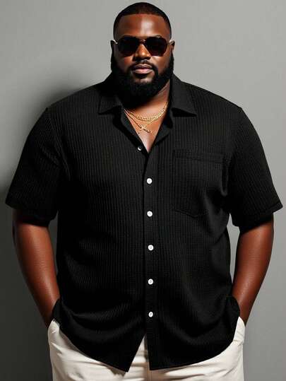 Manfinity Homme Camisa casual de bolsillo de manga corta y un solo pecho de unicolor para hombres de talla grande