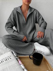 EURMUSE Drop Shoulder Zipper Half Collar Sweater And Knitted Pants Two Piece Suit - Dark Grey - View 4