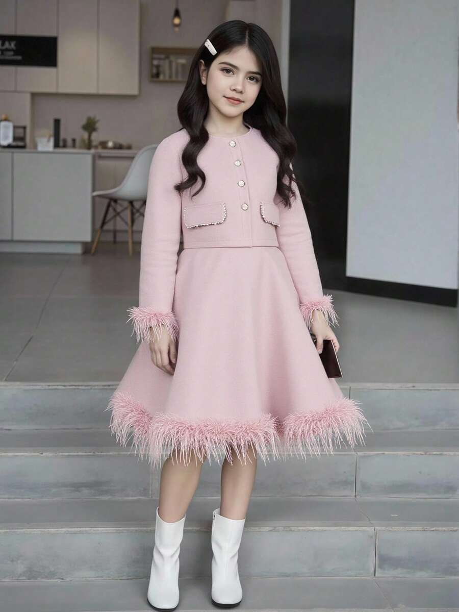 2pcs/Set Girls Elegant Pink Long Sleeve Fluffy Short Jacket, Fleece, Fall Outfits,Exquisite Pearl Trim Flared Hem Dress Suit - Pink - View 1