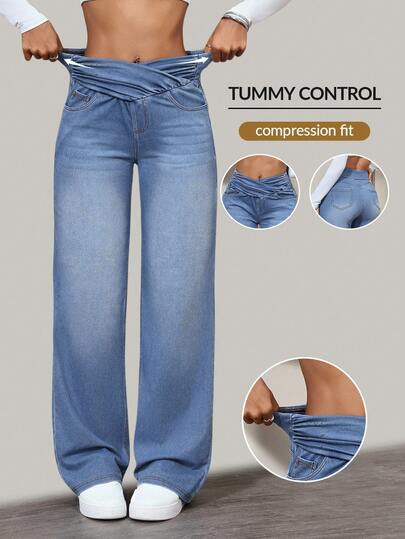 Flexra 休闲水洗褶皱重叠腰直筒牛仔裤