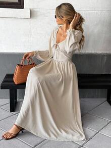 SHEIN Frenchy 女士休闲通勤纯色灯笼袖长连衣裙 - 杏色 - 查看 8