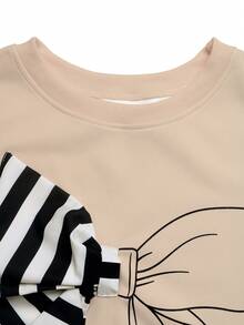 GlowEve Sweatshirt Kasual dengan Motif Garis-Garis Blok Warna dan Hiasan Pita, Musim Gugur/Dingin - Aprikot - View 3