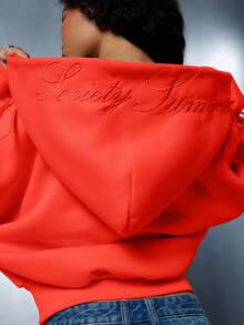 SUMWON WOMEN 短款连帽衫，袖子蝴蝶结细节，系带设计，文字刺绣，秋冬街头服饰 - 紅色 - 查看 3