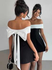 Girlism 少女黑白露肩针织连衣裙，配超大蝴蝶结、拼色、优雅派对礼服，适合圣诞节和聚会 - 黑與白 - 查看 3