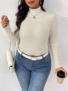 Plus Size Solid Color Casual Versatile Turtleneck Sweater, Autumn/Winter - Apricot - View 3