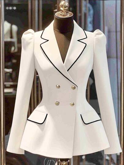 Franclia Commuter Chic Versatile Cinched Waist Double-Breasted Metal Button Contrast Trim Khaki Women's Blazer Jacket, Elegant Outerwear For Spring/Autumn, Business Casual Apparel, Beautiful Women's Suit Jacket