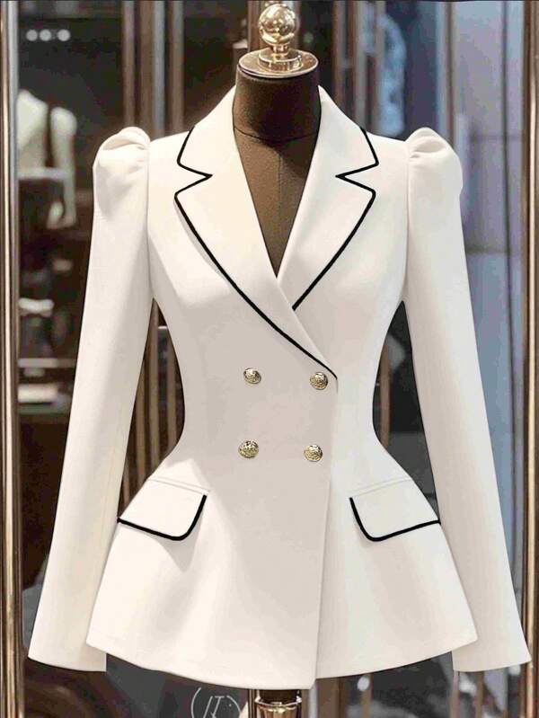 Franclia Chaqueta de mujer tipo blazer de cintura ceñida con botones metálicos de doble botonadura y ribete de contraste en color caqui, elegante prenda exterior para primavera/otoño, atuendo casual de negocios, hermosa chaqueta de traje para mujer
