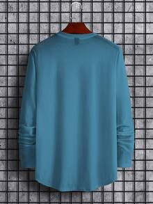 Manfinity Homme Men's Casual Letter Graphic Round Neck Long Sleeve T-Shirt, Autumn Casual Wear Men Men Full Sleeve Tshirt Teal Shirt Graphic Turquoise Clothes Men Collard Long Sleeve Men S - Blue - View 2