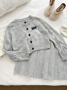 Genkimix Kids Tween Girl Applique Button Front Crew Neck Long Sleeve Top And Pleated Skirt Sweater Set - Grey - View 4