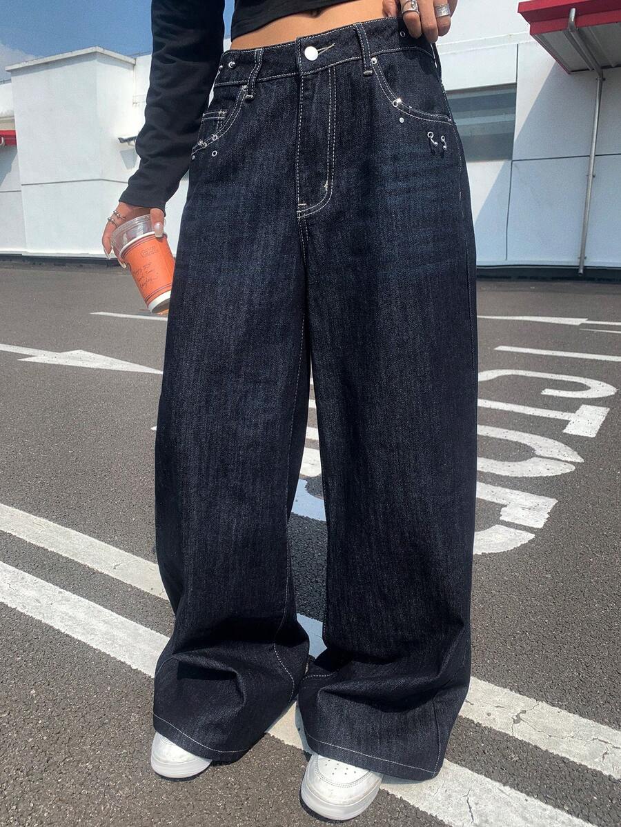 DAZY 女士休闲时尚街头时尚百搭通勤孔眼细节宽松阔腿牛仔裤 - 藏蓝色 - 查看 1