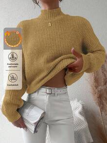 EURMUSE Women's Stand Collar Drop Shoulder Sweater - Beige - View 1