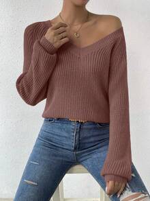 SHEIN LUNE Áo len chui đầu dáng rộng cổ chữ V tay raglan đơn giản, màu trơn, dễ mặc hàng ngày dành cho nữ, mùa thu/đông - Màu hồng gỉ - Xem 6
