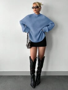 EURMUSE Women's Turtleneck Drop Shoulder High low Hem Sweater - Baby Blue - View 5
