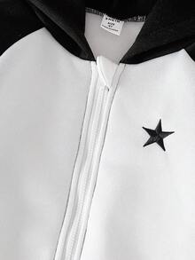 Genkimix Kids 年轻女孩休闲黑灰色拼色刺绣星星拉链连帽夹克 - 黑與白 - 查看 6