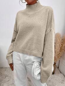 SHEIN Cottnline Drop Shoulder Solid Sweater - Beige - View 3