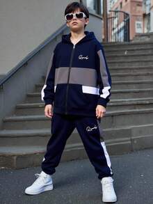 SHEIN 2 Stücke Kinder/Tween-Jungen Lässig Alltag Bequemer Kontrast Farbblock Kapuzenpullover und Jogginghose Set