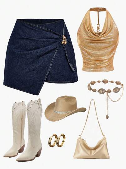 SHEIN MOD Minifalda de mezclilla con decoración metálica y bajo asimétrico para mujer de talla grande, minifalda de mezclilla de lavado oscuro elegante para mujer, falda casual de estilo elegante con detalles de anillo dorado para fiestas, invierno, Navidad y Año Nuevo