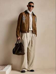 AKNOTIC Business Casual 男士时尚通勤长袖夹克，皮革领口和贴布设计，秋季、圣诞节、新年魅力之选 - 黃色 - 查看 5