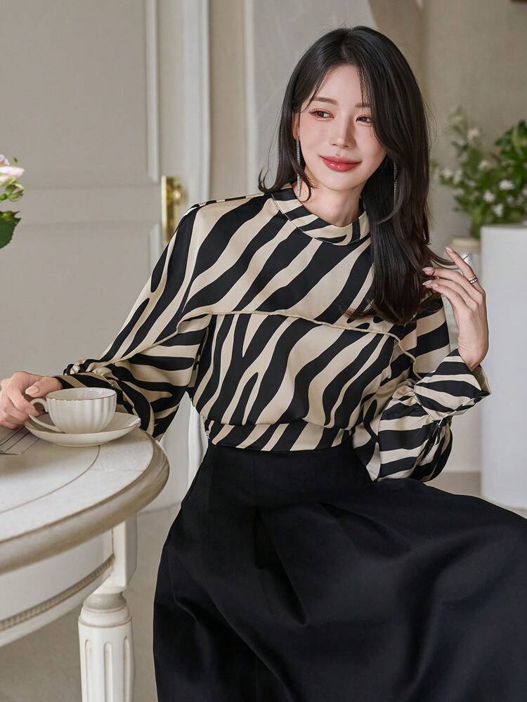 Women's Elegant Ruffled Collar Zebra Print Blouse, Autumn