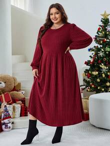 SHEIN CURVE+ 大码女式纯色灯笼红长袖罗纹针织冬装 - 酒紅色 - 查看 5