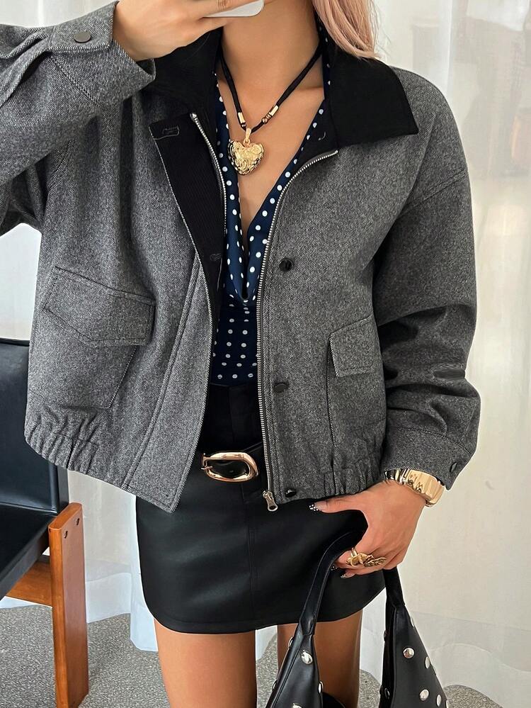 Women's Drop Shoulder Long Sleeve Loose Zip-Up Patchwork Collar Versatile Jacket