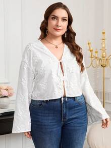 Reflora Women's White Semi-Sheer V Neck Blouse With Wrist-Length Flare Sleeves And Floral Pattern - White - View 7