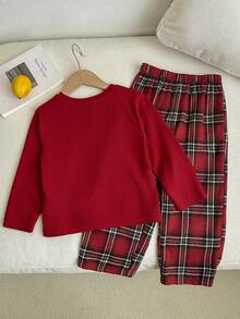 SHEIN Conjuntos a juego para la familia de hermanas, pijamas casuales de pantalón y parte superior de manga corta y cuello redondo a cuadros para niñas pequeñas, adecuados para otoño/invierno, Navidad, fiesta de Navidad - Rojo - Ver 2