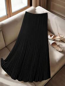 SHEIN Tall CURVE 大码女式纯色松紧腰百褶休闲裙 - 黑色 - 查看 1