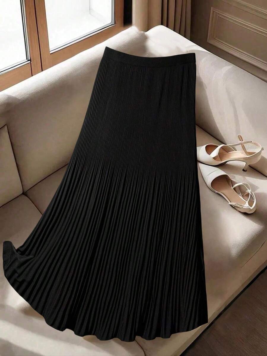 SHEIN Tall CURVE 大码女式纯色松紧腰百褶休闲裙 - 黑色 - 查看 1