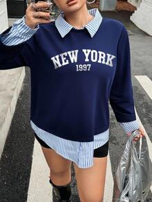 SHEIN EZwear Sudadera informal de talla grande con estampado de rayas, parches y letras, otoño