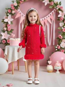 SHEIN Đầm ôm sát cổ cao, chất liệu lông xù, kiểu dáng gân sọc cho bé gái. - Đỏ - Xem 3