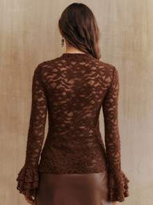 Anewsta Women's Elegant High Collar Semi-Sheer Lace Flare Sleeve Ruffle Hem Blouse, Brown, Autumn/Winter - Coffee Brown - View 7