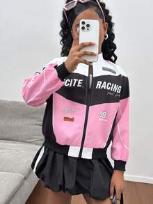 SHEIN 青少年女孩休闲日常字母印花宽松抽绳下摆夹克，黑色和粉色秋冬服装 Girlomen - 粉色 - 查看 6