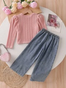 Set de 2 piezas Estilo coreano dulce y lindo para niñas pequeñas: Blusa de manga larga con cuello de volantes texturado + Pantalones vaqueros rectos con decoración de lazo bordado, adecuado para vacaciones, viajes, vuelta al colegio, primavera/otoño/invierno