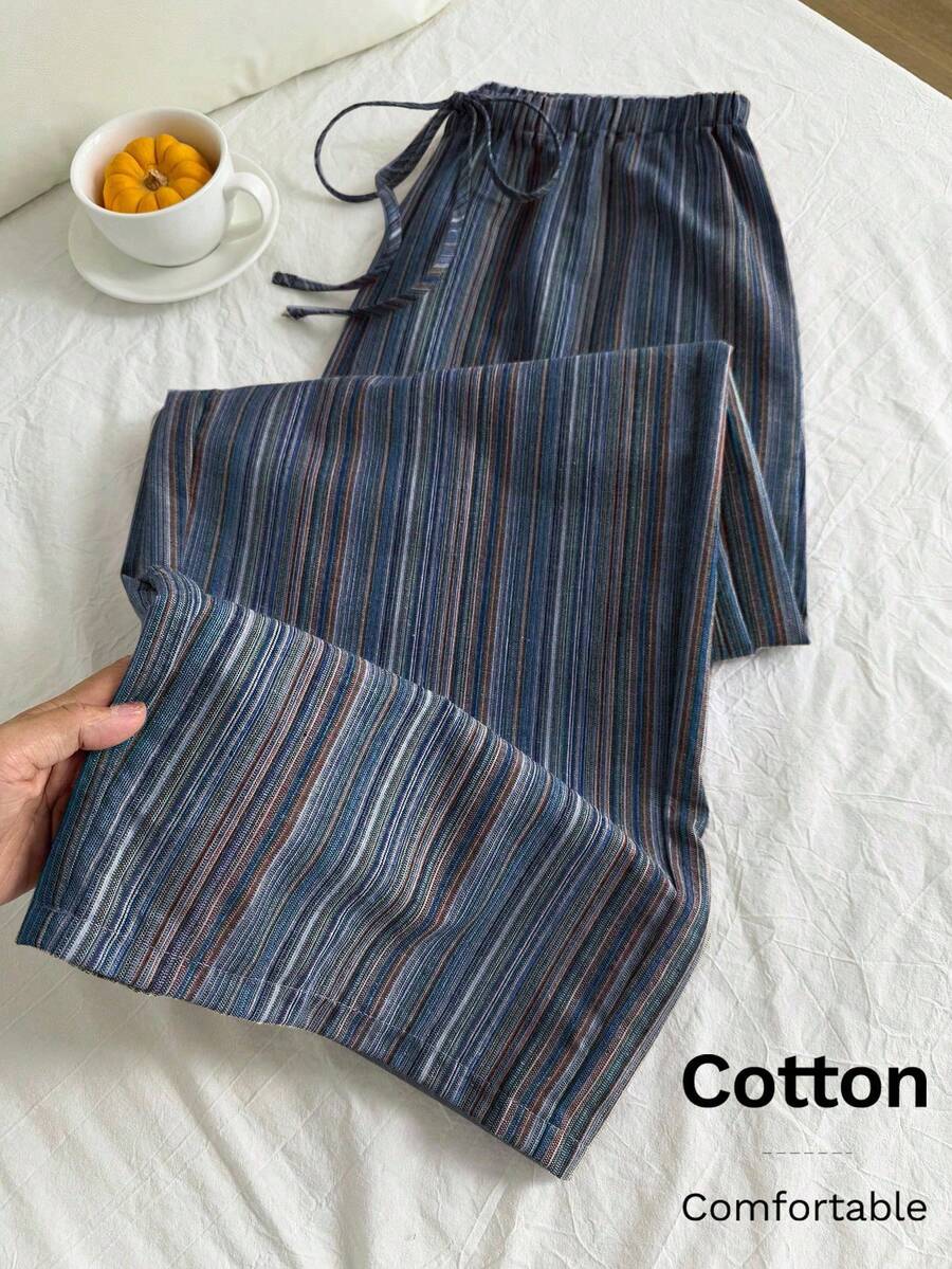Comfortcana 加大码高腰舒适棉麻纹理条纹抽绳裤 - 藏蓝色 - 查看 1