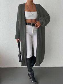 SHEIN Cottnline Women's Drop Shoulder Lantern Sleeve Cardigan With Open Front - Light Grey - View 3