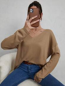 SHEIN Cottnline V Neck Drop Shoulder Jumper - Beige - View 4