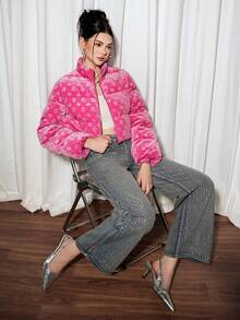 Sweetina Sudadera casual de mujer de terciopelo con pliegues y estampado de corazón