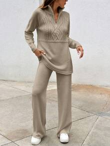 EURMUSE Elegant Cable Knit Sweater With Zipper & Sweater Pants Co-Ords