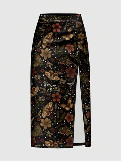 Hippie Plus Size Women Butterfly & Floral Print Asymmetric Hem Skirt