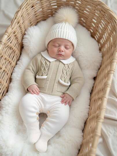 Newborn Baby Knitted Sweater, Long Sleeve Jumpsuit With Fold-Over Collar, Footie Pants, Suitable For Autumn/Winter, Khaki Color, Casual & Versatile For Daily Wear, Home, Outdoor, Travel Fall